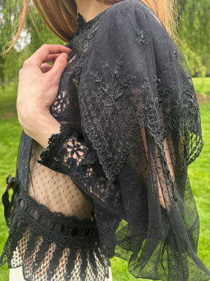 1970s Victorian Style Black Floral Mesh Net Lace Long Balloon Sleeve Blouse