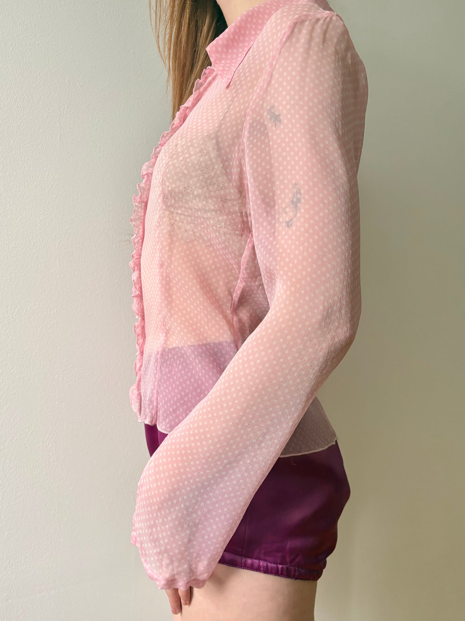 1990s Silk Chiffon Dot Print Button Up Blouse Pink White
