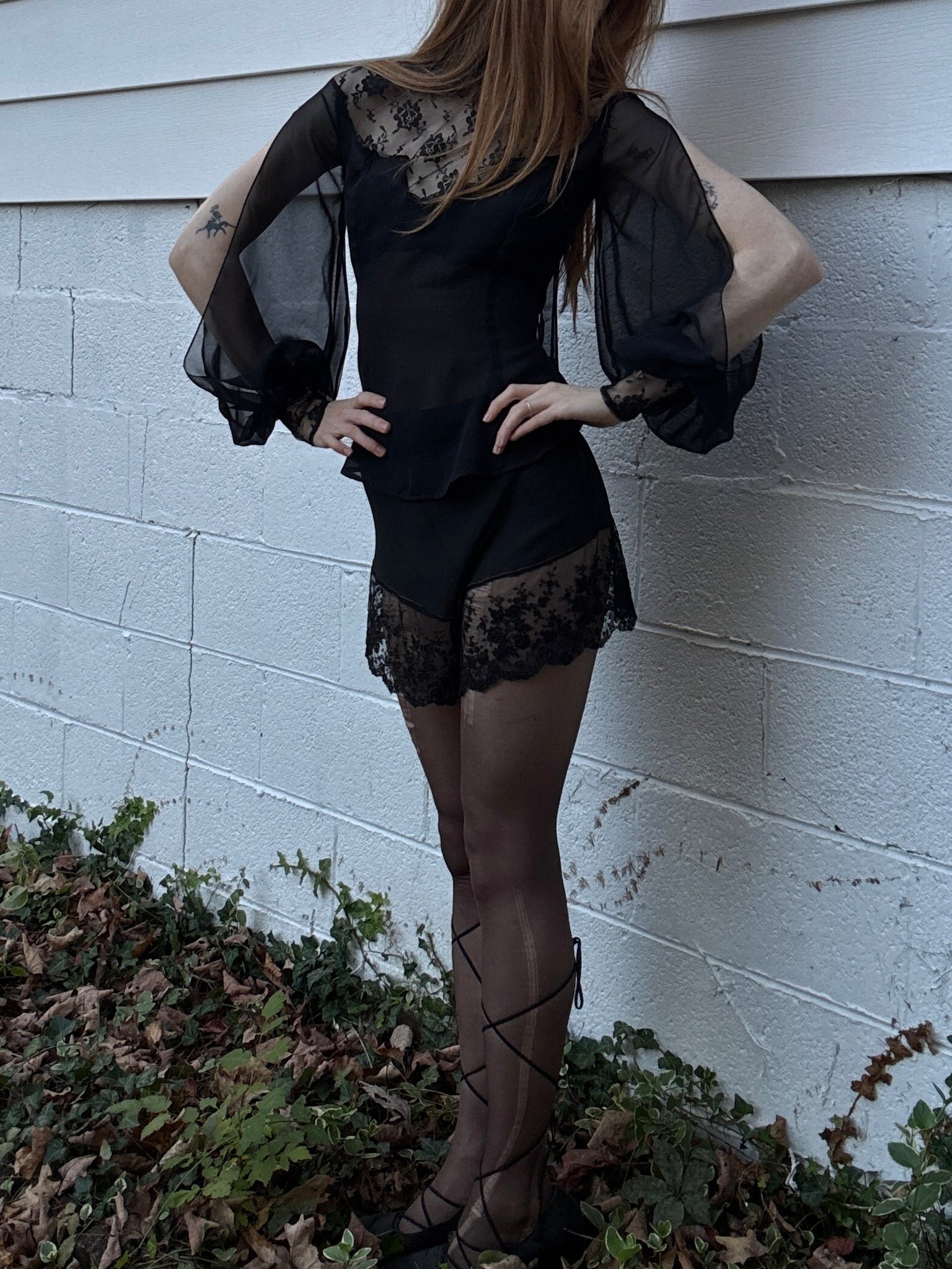 1970s Victorian Style Black Floral Mesh Sheer Lace Long Balloon Sleeve Blouse