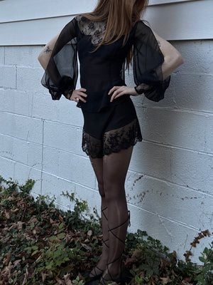 1970s Victorian Style Black Floral Mesh Sheer Lace Long Balloon Sleeve Blouse