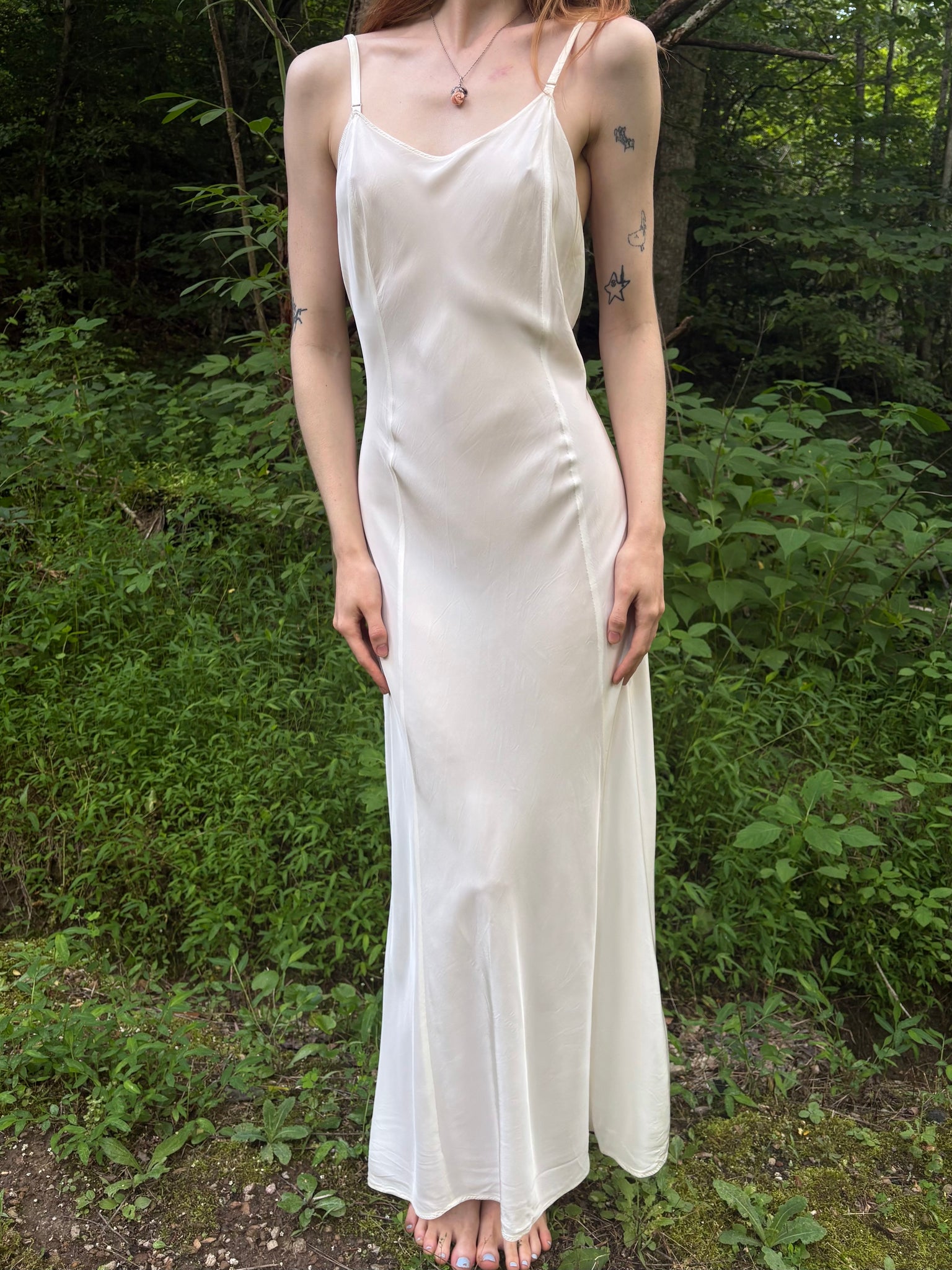 1940s White Rayon Bias Cut Slip Dress Low Back