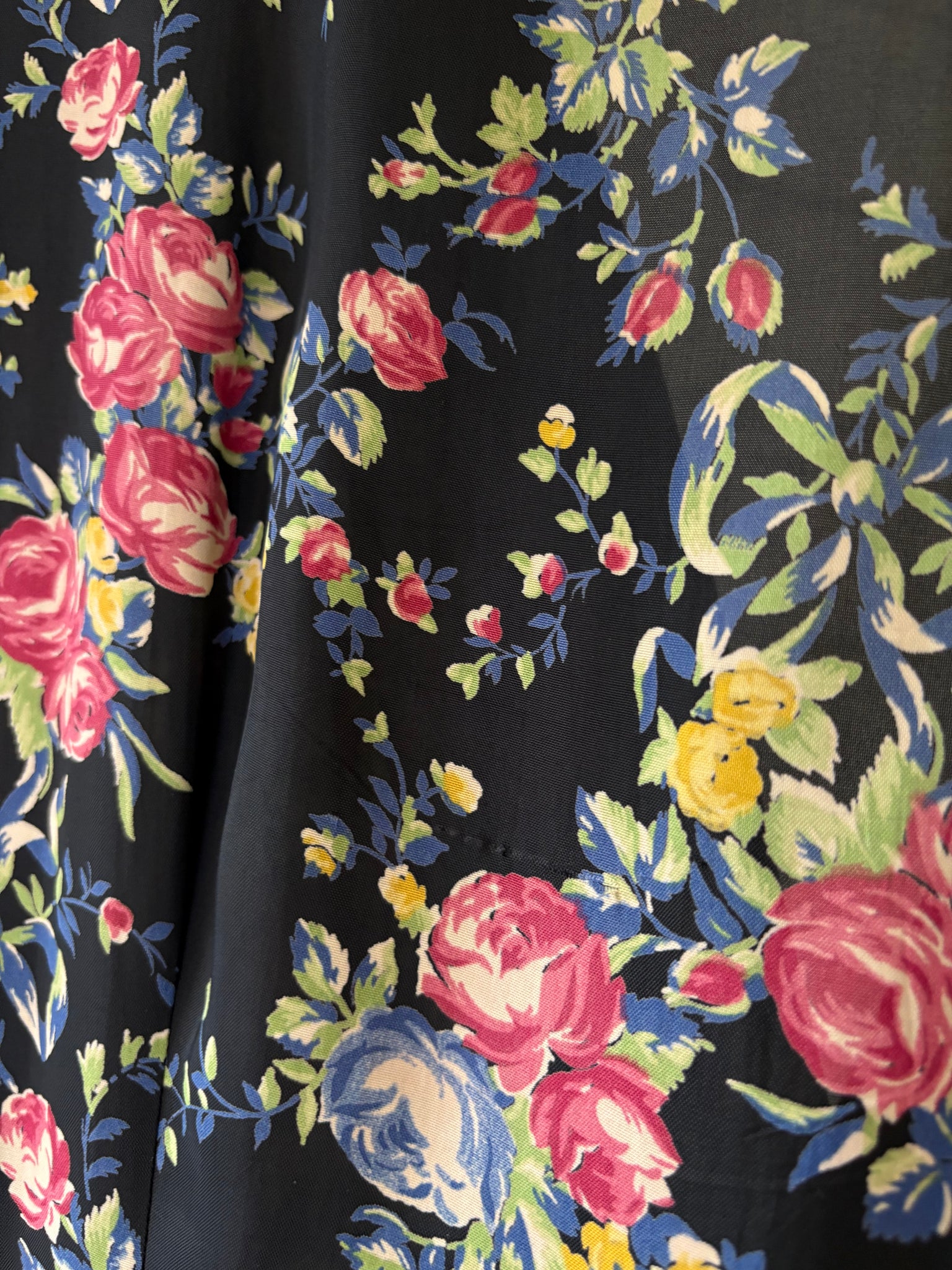 1940s Black Rose Floral Wrap Dress Printed Rayon Puff Sleeve