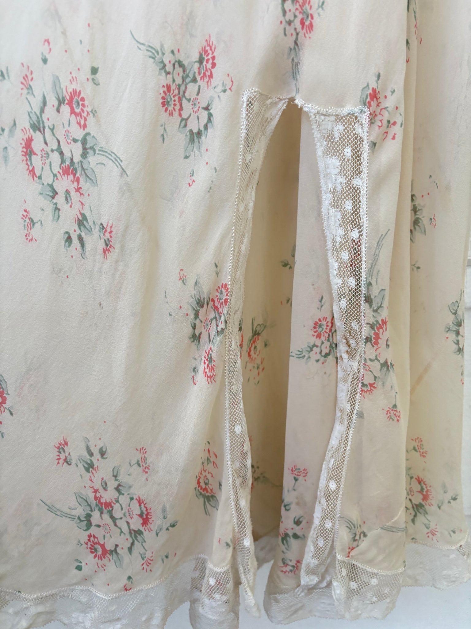 1930s Silk Chiffon Floral Print Cream Lace Bias Cut Slip Dress