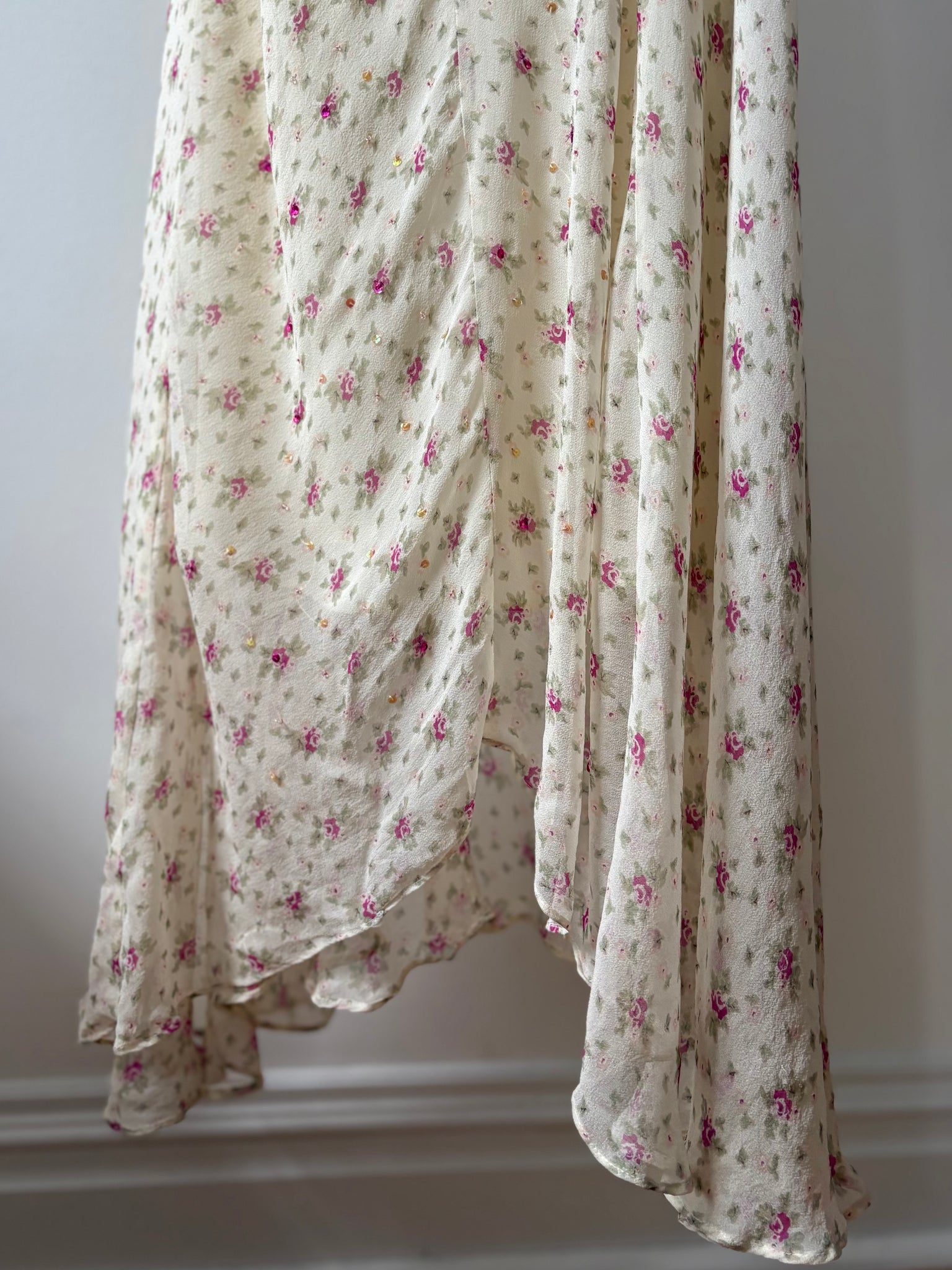 1990s Silk Chiffon Floral Cream Cowl Neck Bias Cut Slip Dress