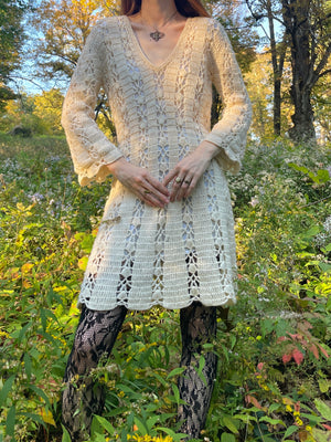 cream crochet long sleeve dress Long Sleeve Embellished Disc Detail Tie Back Mini Dress In Cream Crochet | EGO US