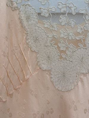 1940s Peach Brocade Silk Cream Net Floral Appliqué Bias Cut Slip Midi Dress