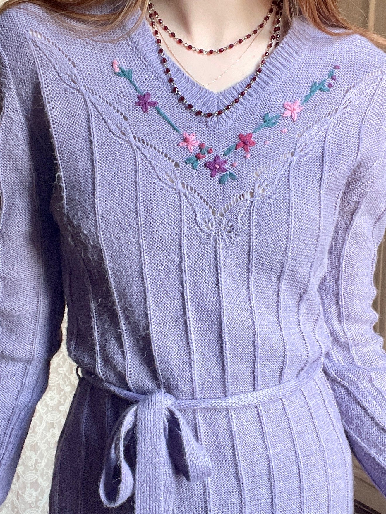1970s Lavender Knit Sweater Dress Embroidered Floral Butterfly Breath Of the Earth 1970s Lavender Knit Sweater Dress Embroidered Floral Butterfly Breath Of the Earth