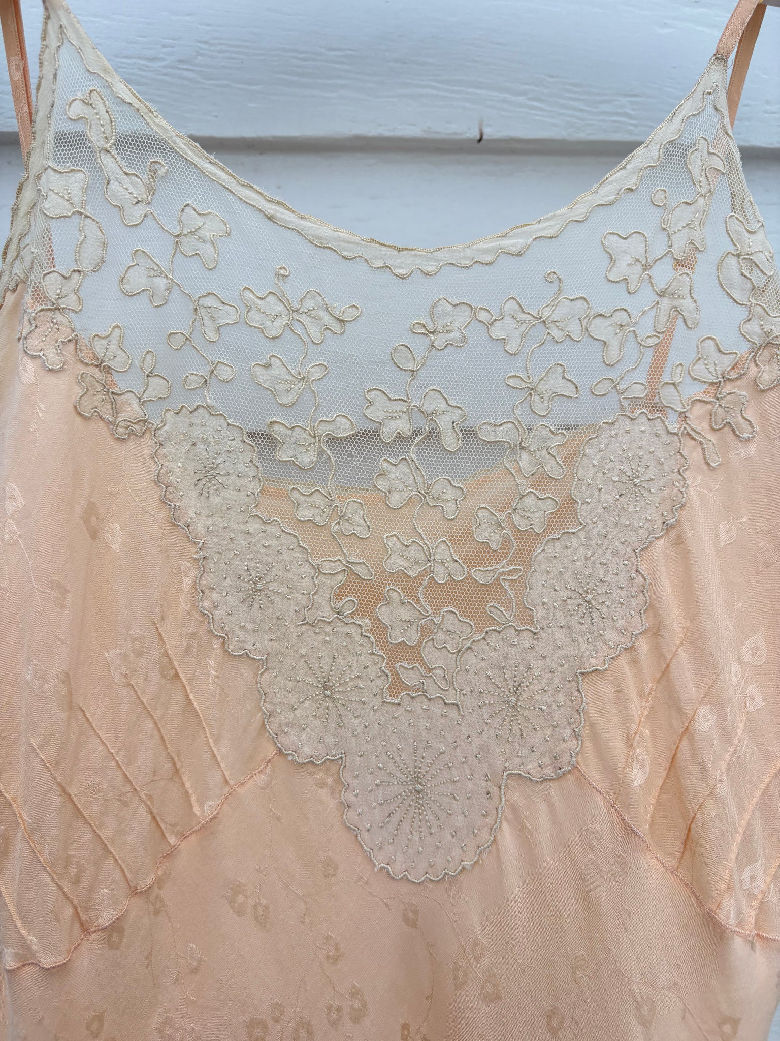 1940s Peach Brocade Silk Cream Net Floral Appliqué Bias Cut Slip Midi Dress