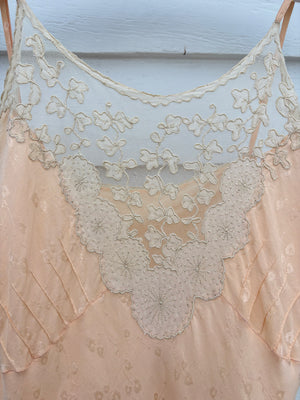 1940s Peach Brocade Silk Cream Net Floral Appliqué Bias Cut Slip Midi Dress