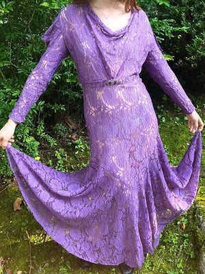 1930s Purple Floral Lace Dress Gown Crystal Belt