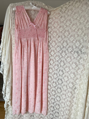 1940s Smocked Pink Rayon Floral Brocade Satin Slip Dress