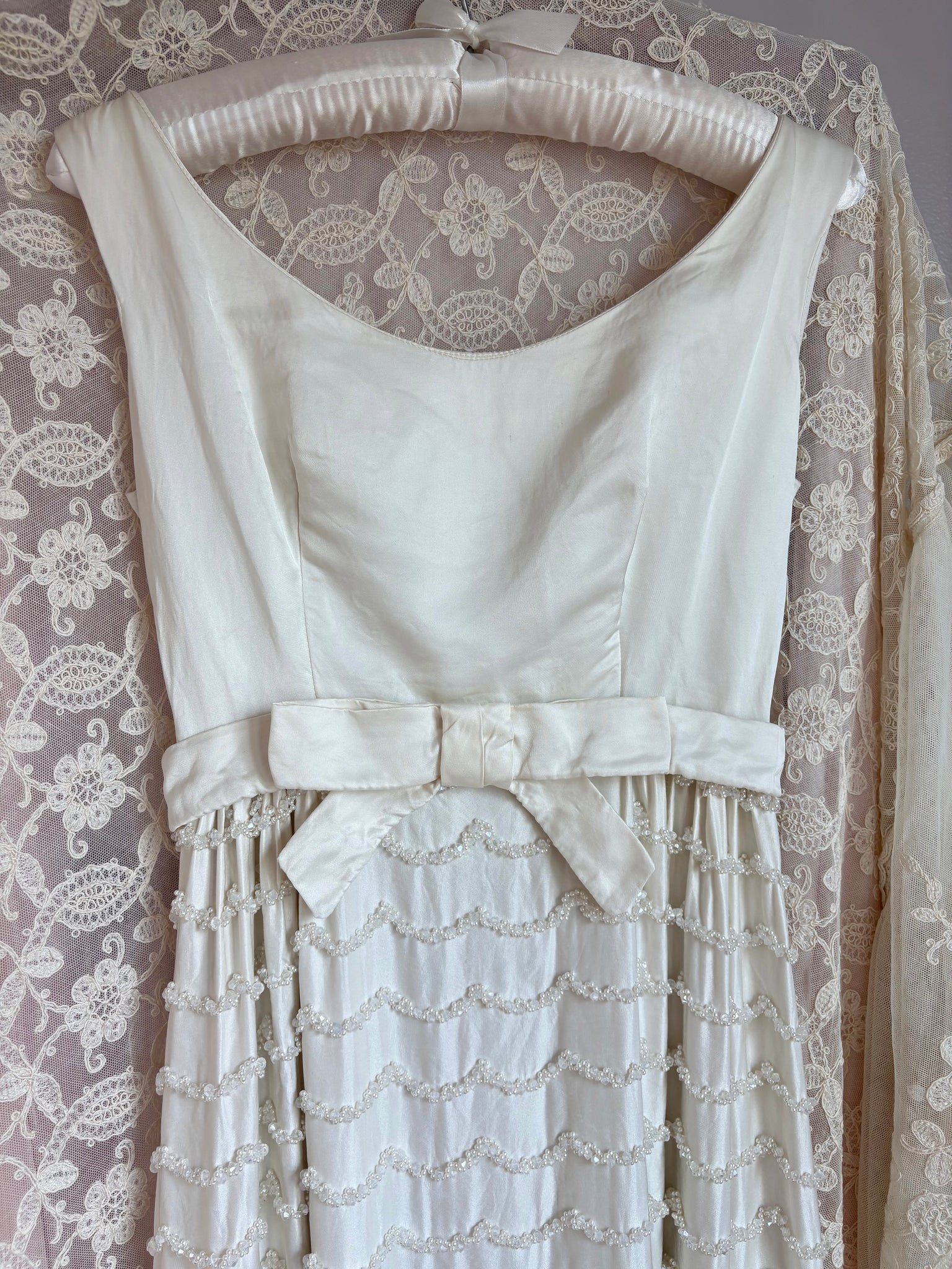 1960s White Satin Beaded Empire Waist Dress Wedding Gown