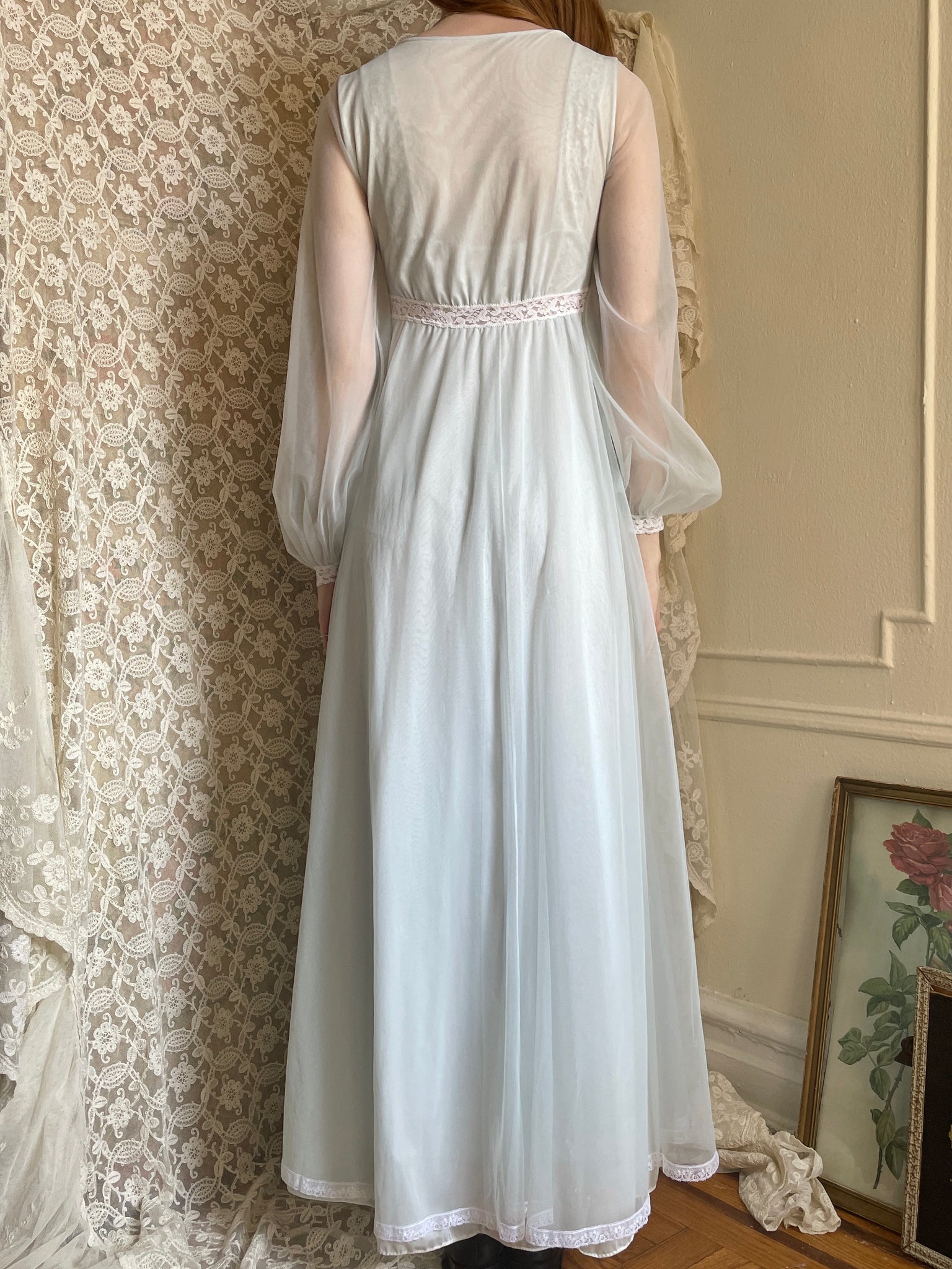1960s Ice Blue Nylon Sheer Lace Balloon Sleeve Peignoir Robe