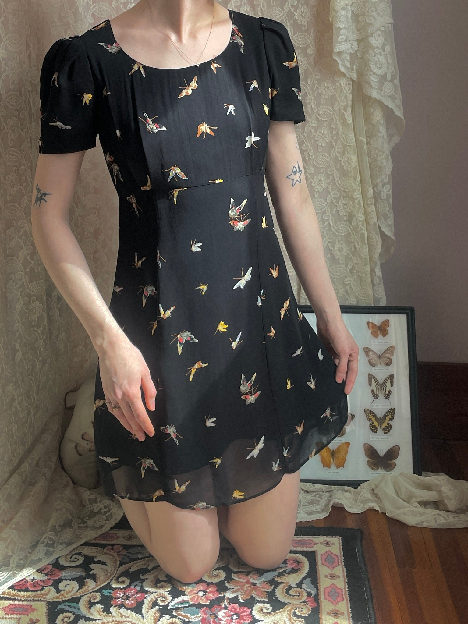 90s butterfly dress 1990s Betsey Johnson Print Black Rayon Mini – Breath Of the Earth Size:(FR)34 Wedding Body Jewelry Sexy Permanents 26H