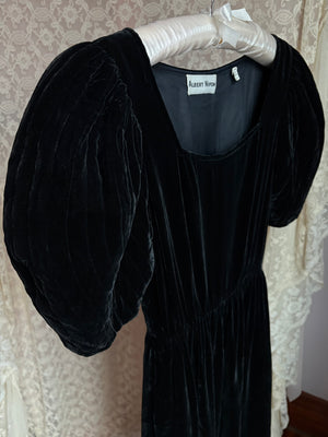 1980s Black Velvet Dress Puff Sleeve Albert Nipon