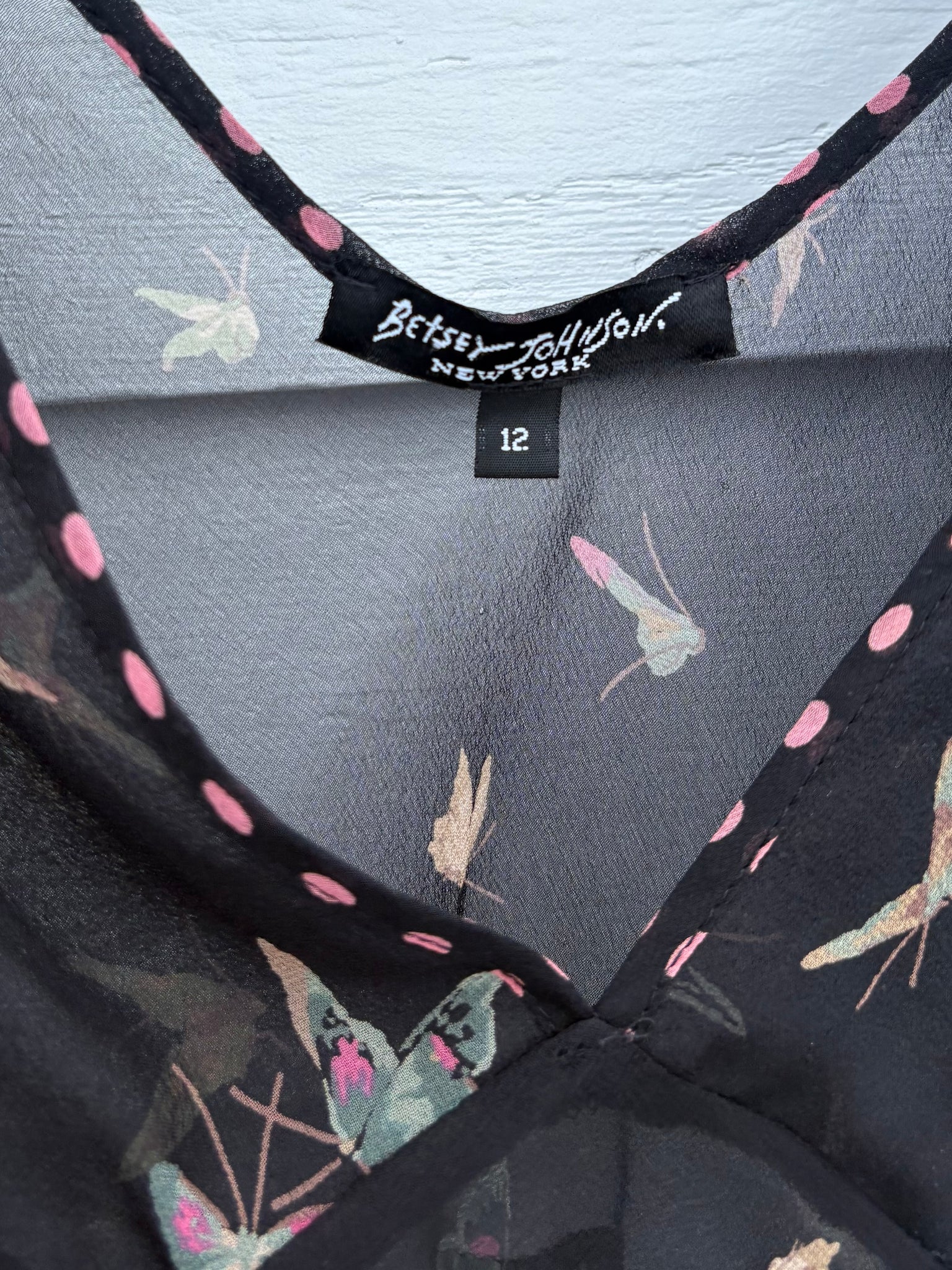 1990s Betsey Johnson Black Silk Chiffon Butterfly Print Blouse
