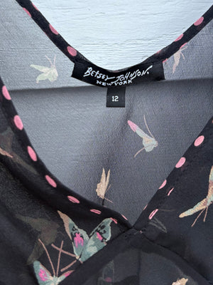 1990s Betsey Johnson Black Silk Chiffon Butterfly Print Blouse
