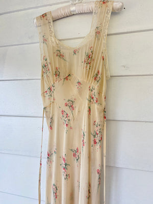 1930s Silk Chiffon Floral Print Cream Lace Bias Cut Slip Dress