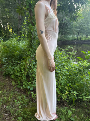 1940s Light Pink Rayon Jersey Bias Cut Slip Dress Cream Lace