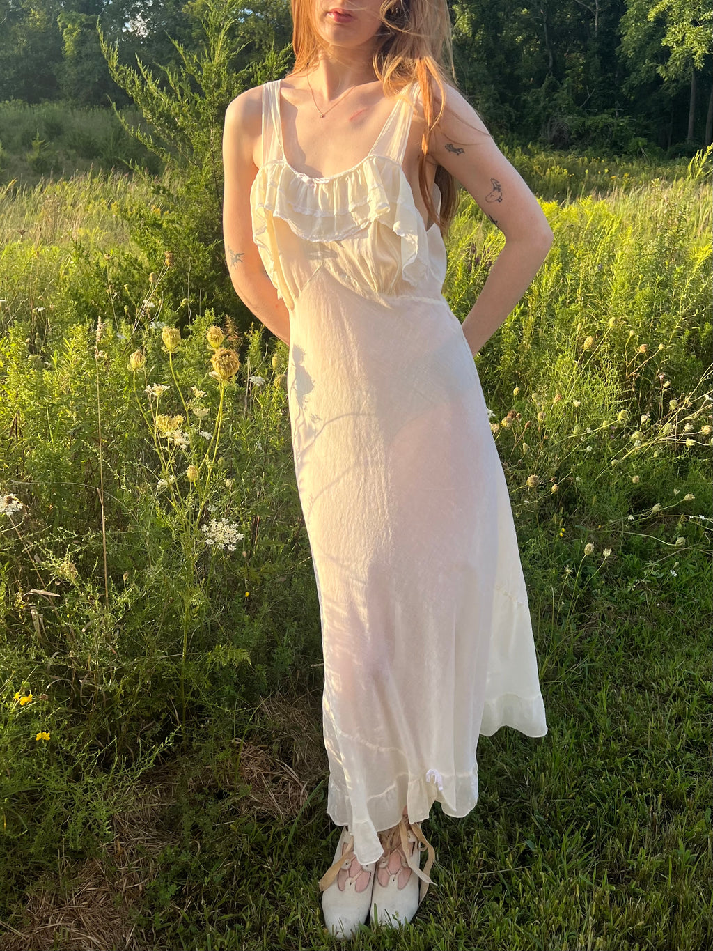 1930s Cotton Bias Cut Slip Dress Yellow White Faded Floral Print Lace