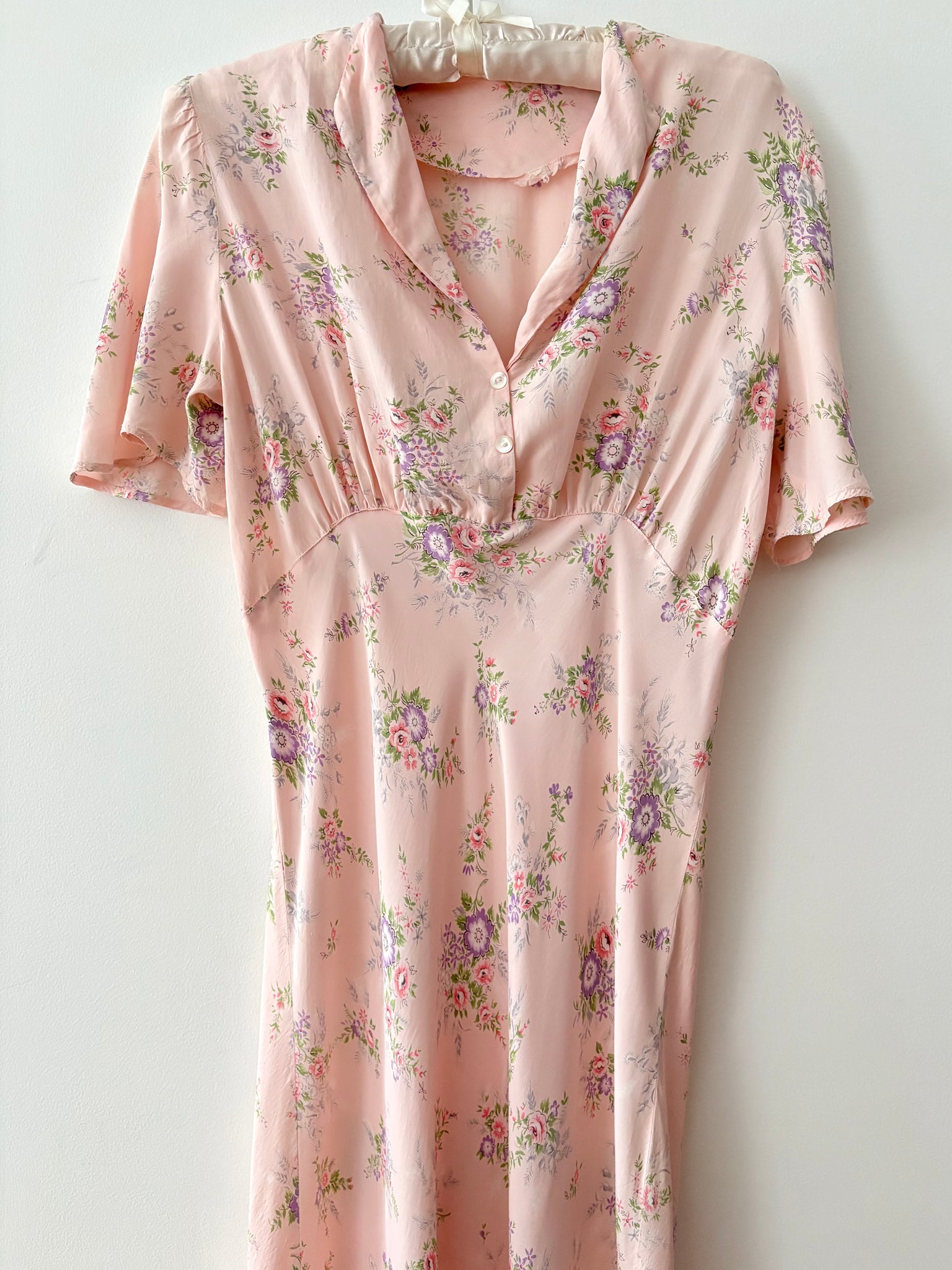 1940s Pink Rose Print Floral Bias Cut Slip Rayon Dress Short Sleeve Button
