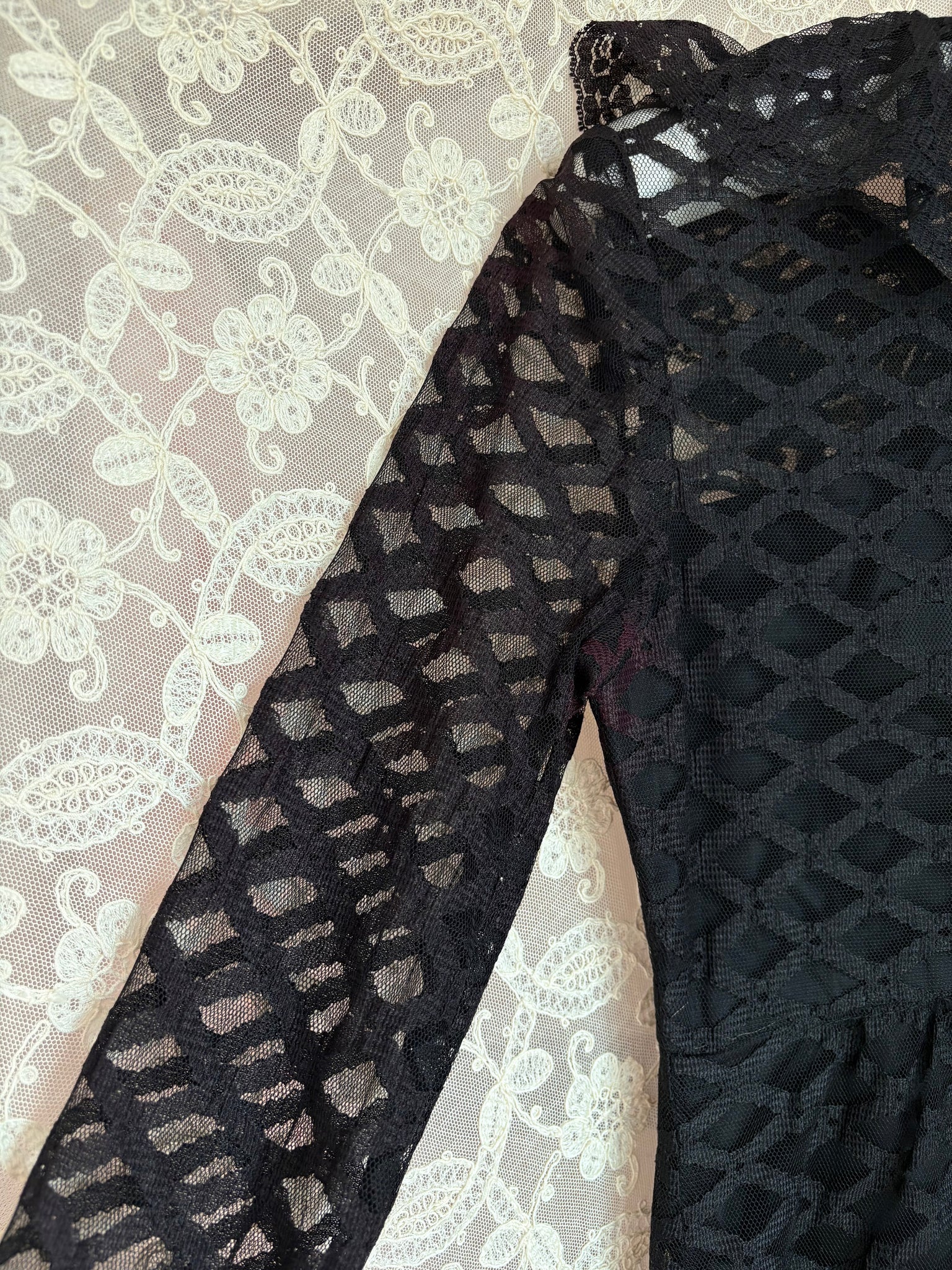 1960s Black Lace Long Sleeve Mini Dress Bow Plaid Mesh Bow