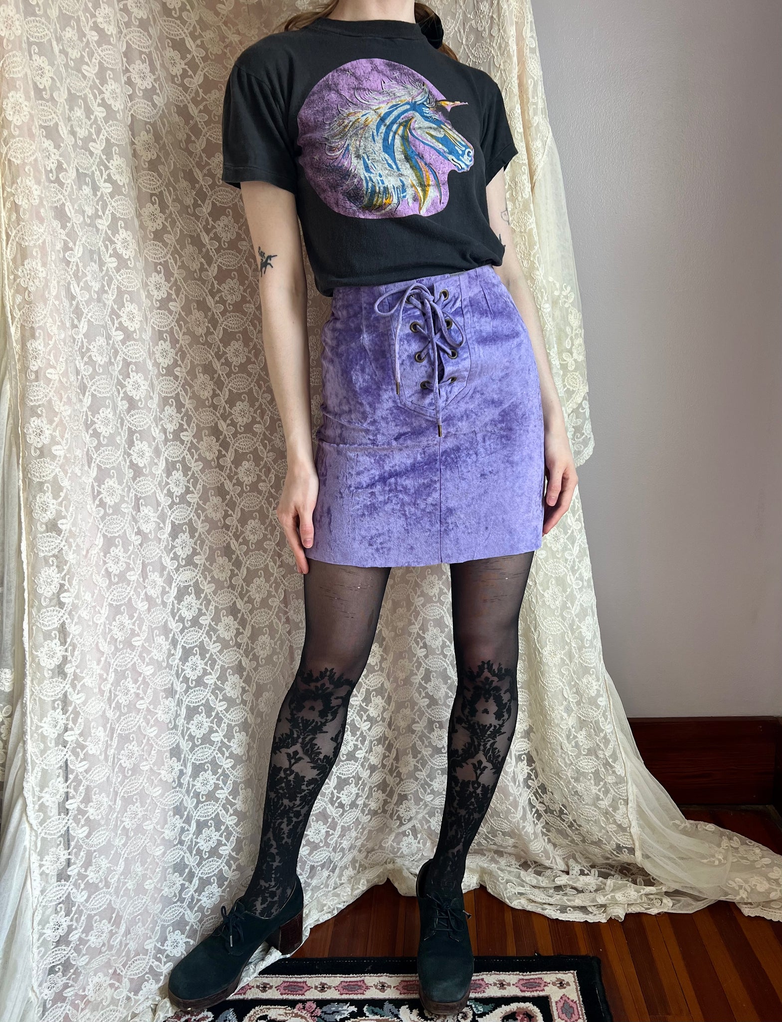 1970s Purple Velvet Lace Up A Line Mini Skirt