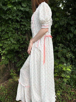 1930s White Cotton Floral Bias Cut Slip Dress Peignoir Set Puff Sleeves Pink Ribbon Rose Floral