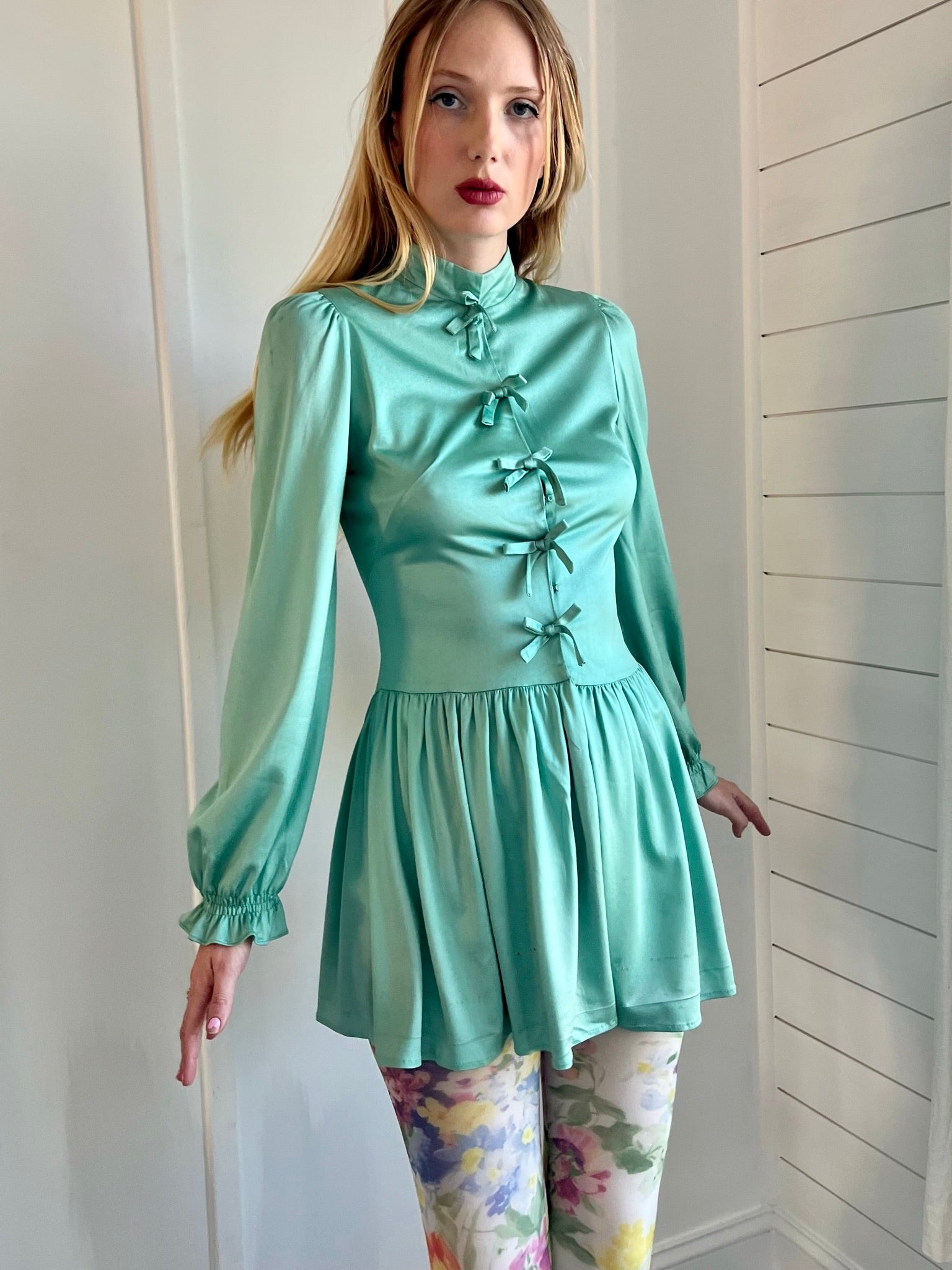 1960s Mint Green Satin Micro Mini Dress with Ribbon Bow Closures