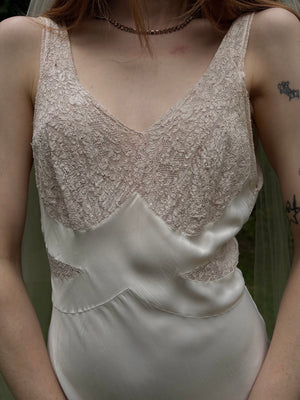 1940s Rayon White Lace Bodice Bias Cut Slip Dress Lace
