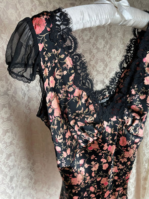 2000s Betsey Johnson Satin Blouse Black Floral Sheer Puff Sleeves