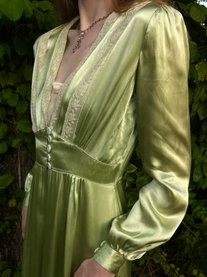 1940s Green Rayon Satin Lace Robe Peignoir