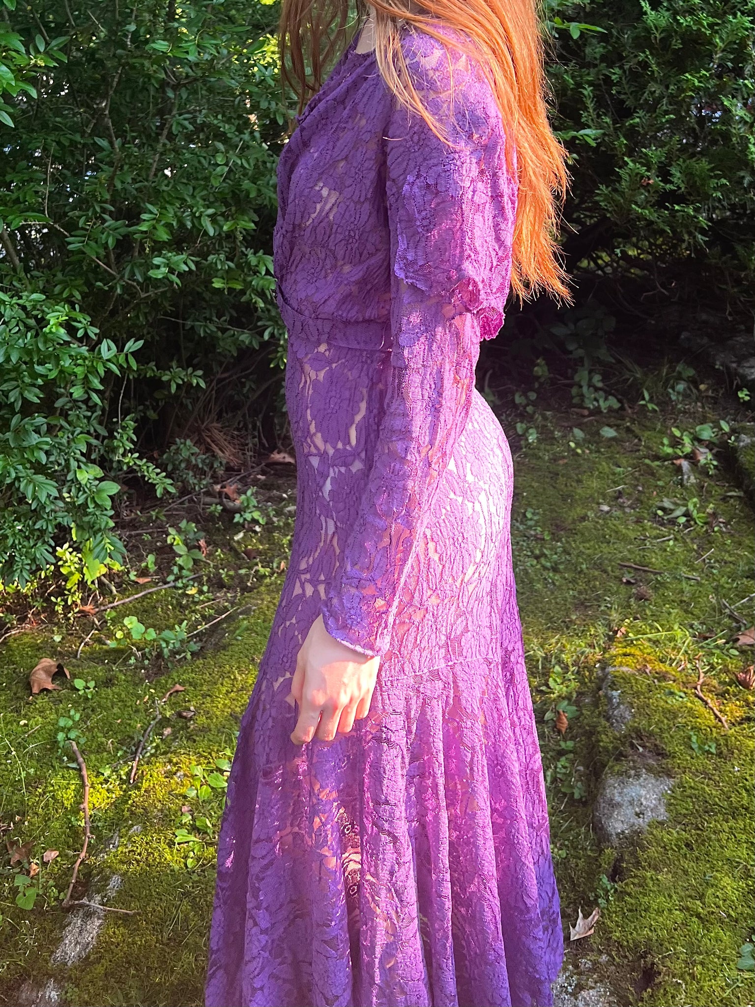 1930s Purple Floral Lace Dress Gown Crystal Belt