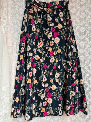 1990s Silk Floral Printed Wrap Midi Skirt Black Pink White