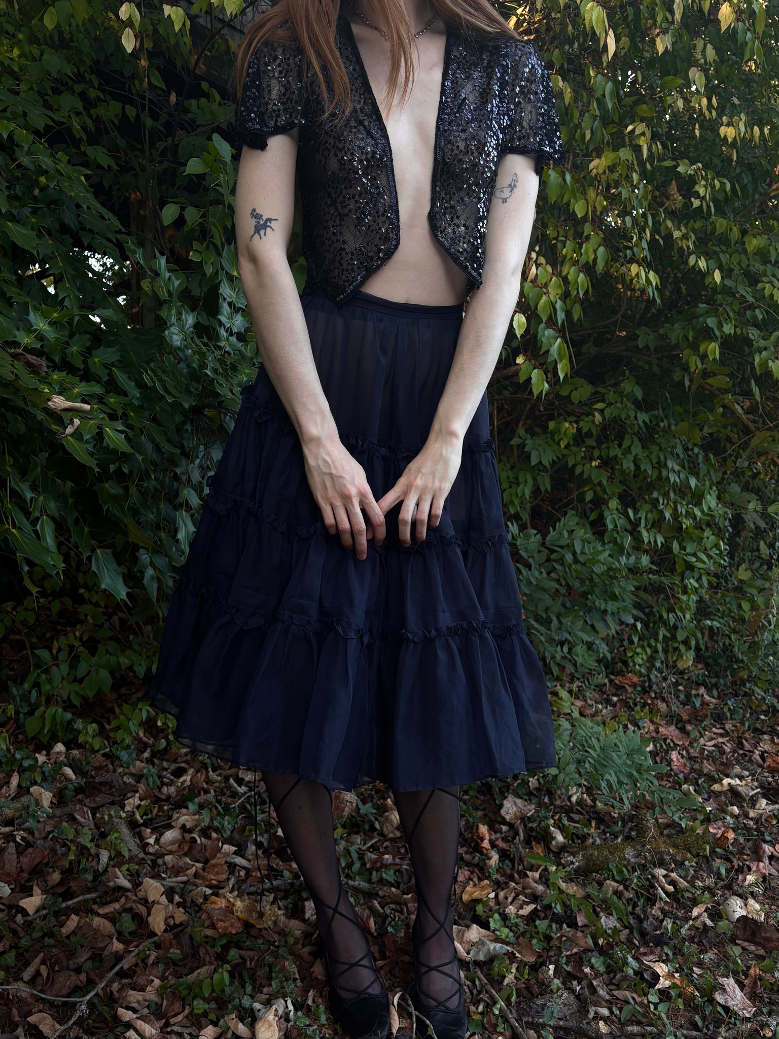 1930s Black Navy Sequin Sheer Mesh Blouse Bolero Short Sleeve