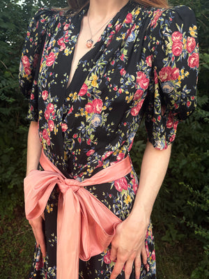 1940s Black Rose Floral Wrap Dress Printed Rayon Puff Sleeve