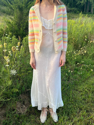 1960s Rainbow Pink Green Mohair Wool Knit Cardigan Sweater