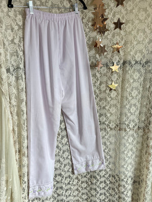 1970s Lavender Embroidered Floral Soft Cotton Pajama Top Pant Set Mini Dress