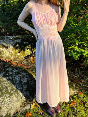 1940s Pink Nylon Sheer Lace Ruched Stomach Slip Dress