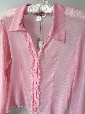 1990s Silk Chiffon Dot Print Button Up Blouse Pink White