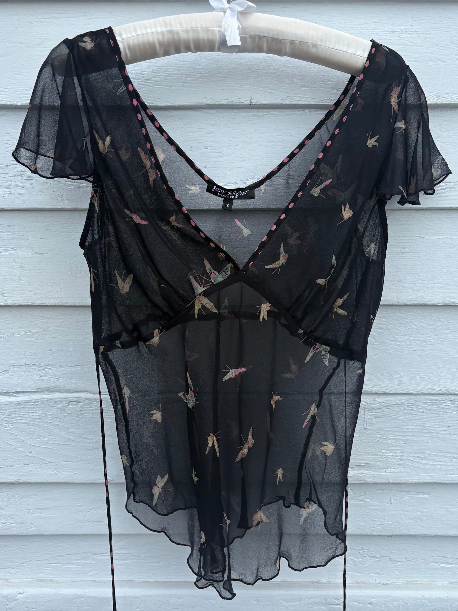 1990s Betsey Johnson Black Silk Chiffon Butterfly Print Blouse