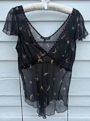 1990s Betsey Johnson Black Silk Chiffon Butterfly Print Blouse