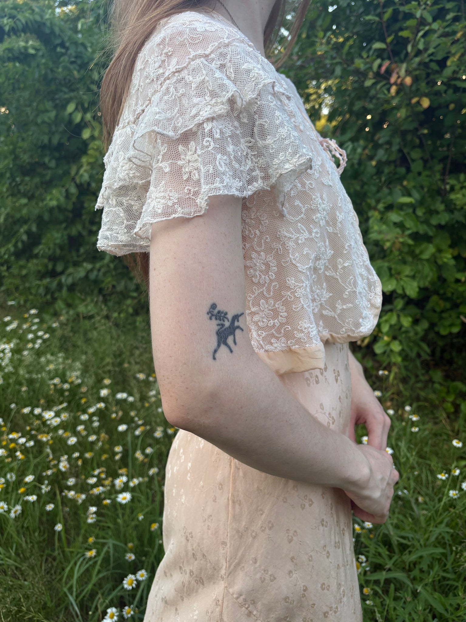 1930s Tambour Lace Bolero Leaf Embroidery Cream Peach Trim Ruffle Sleeve Tie Front Bed Jacket