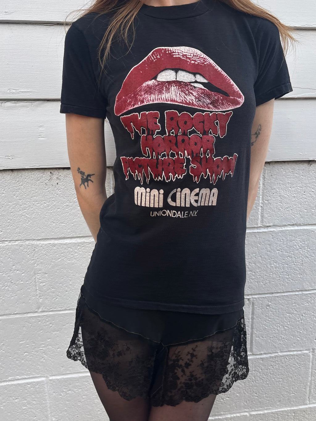1980s Rocky Horror Red Lips Black Tee T Shirt Short Sleeve