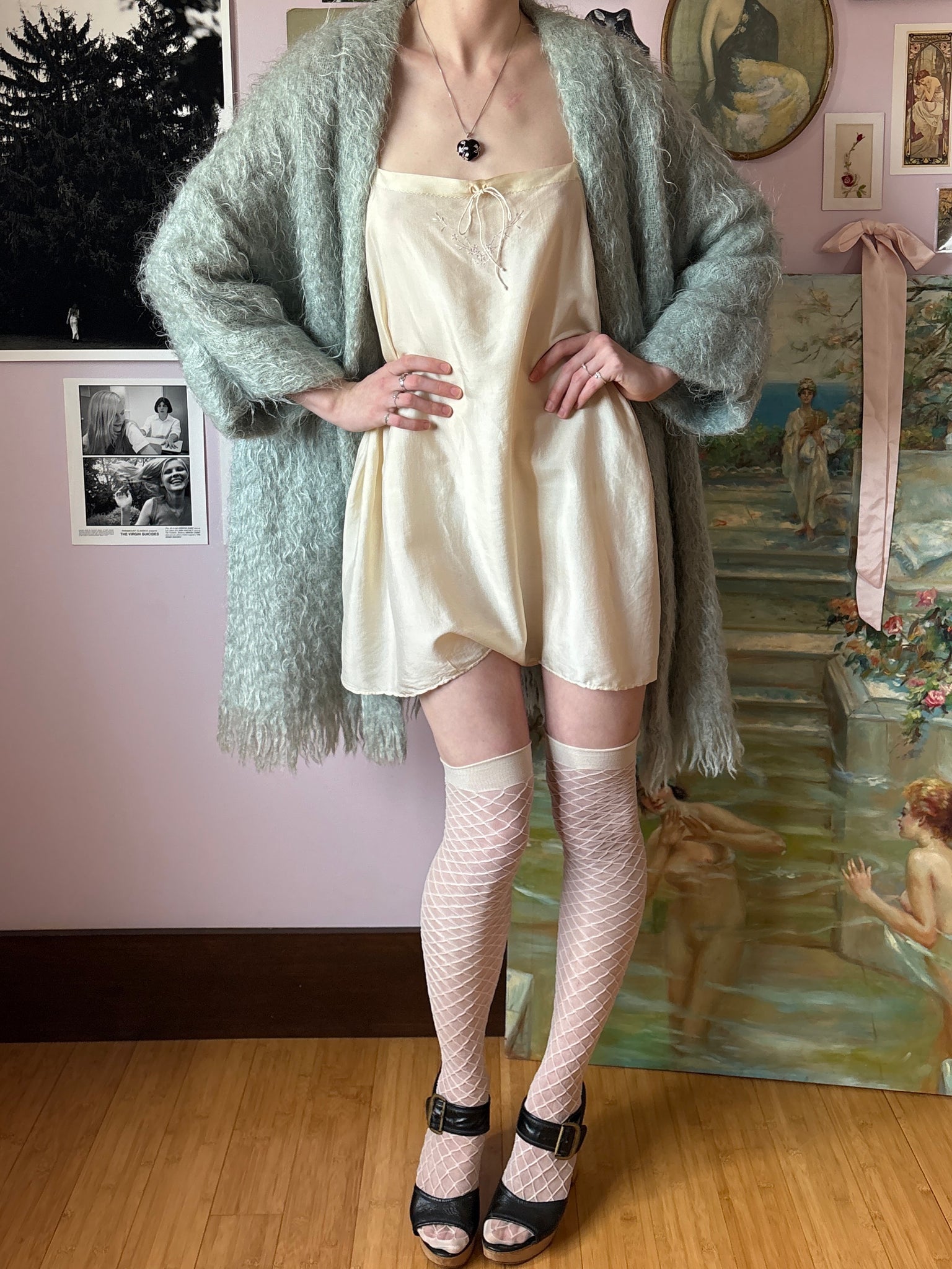 1970s Scottish Mohair Seafoam Cardigan Knit Sweater