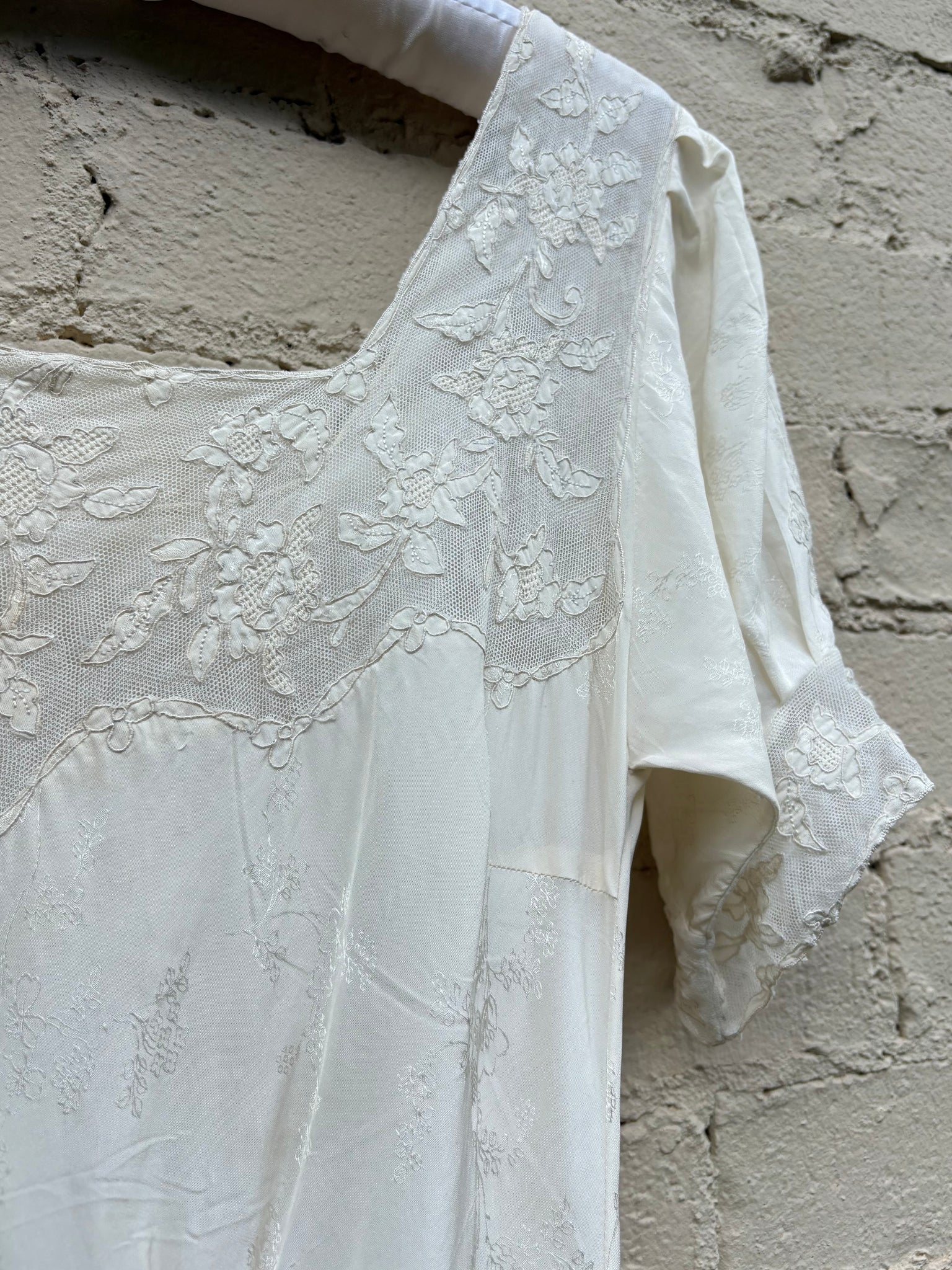 1940s Silk Brocade White Bias Cut Slip Dress Net Mesh Appliqué Lace Wedding Gown Open Sleeves