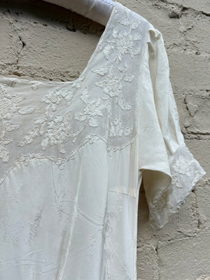 1940s Silk Brocade White Bias Cut Slip Dress Net Mesh Appliqué Lace Wedding Gown Open Sleeves