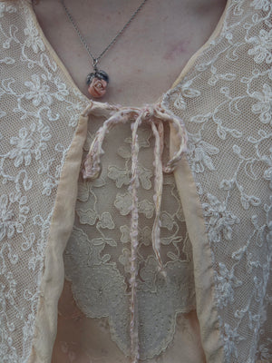 1930s Tambour Lace Bolero Leaf Embroidery Cream Peach Trim Ruffle Sleeve Tie Front Bed Jacket