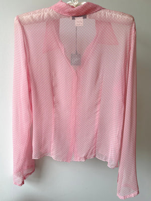 1990s Silk Chiffon Dot Print Button Up Blouse Pink White