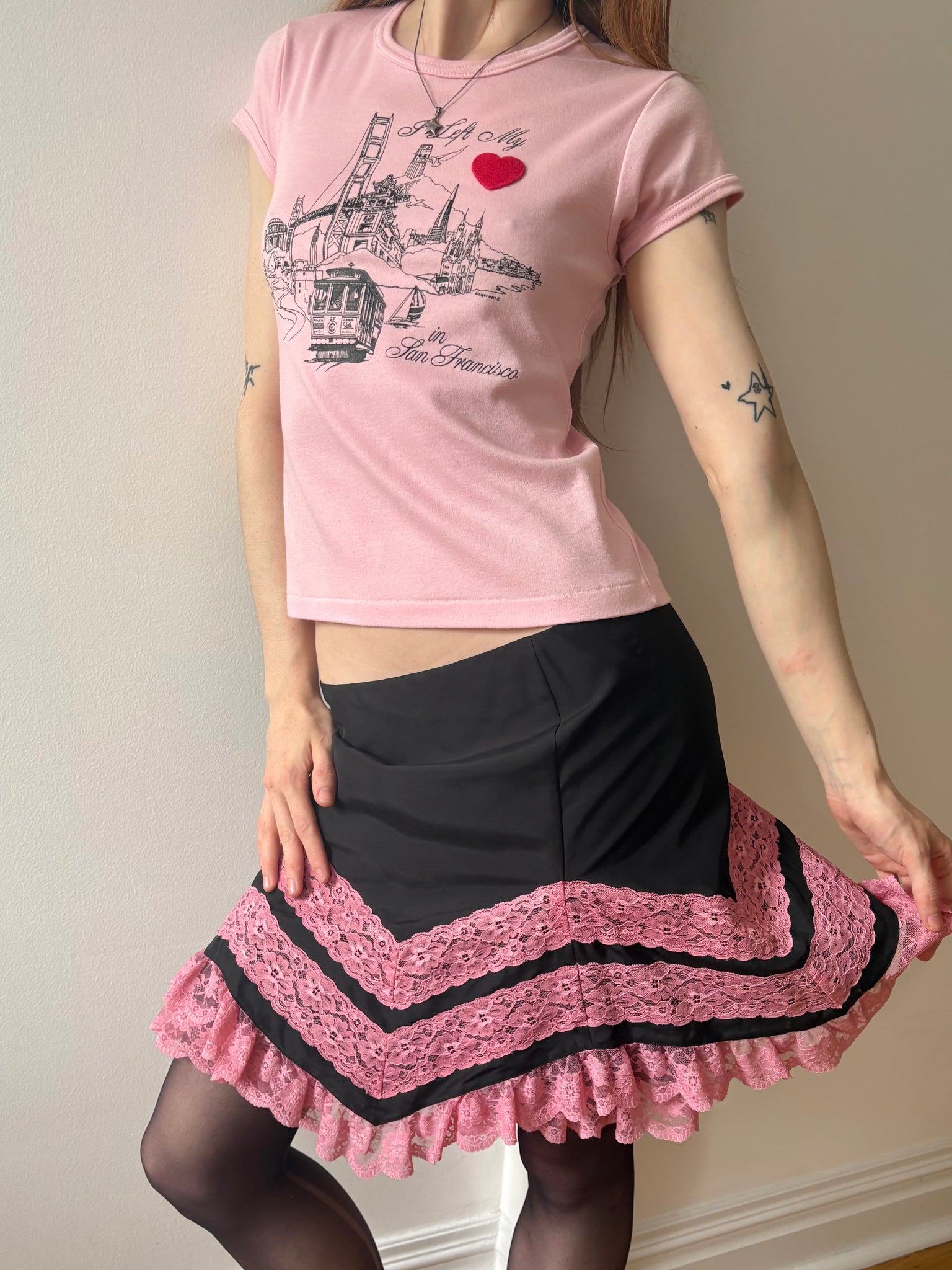 1990s Betsey Johnson Silk Black Mini Skirt Lace Ruffle